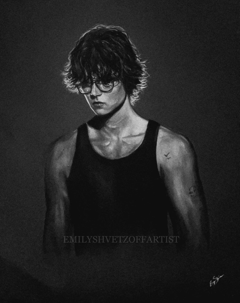 DAVID KUSHNER 18 X 24 ORIGINAL CHARCOAL DRAWING (Emily Shvetzoff - Artist)